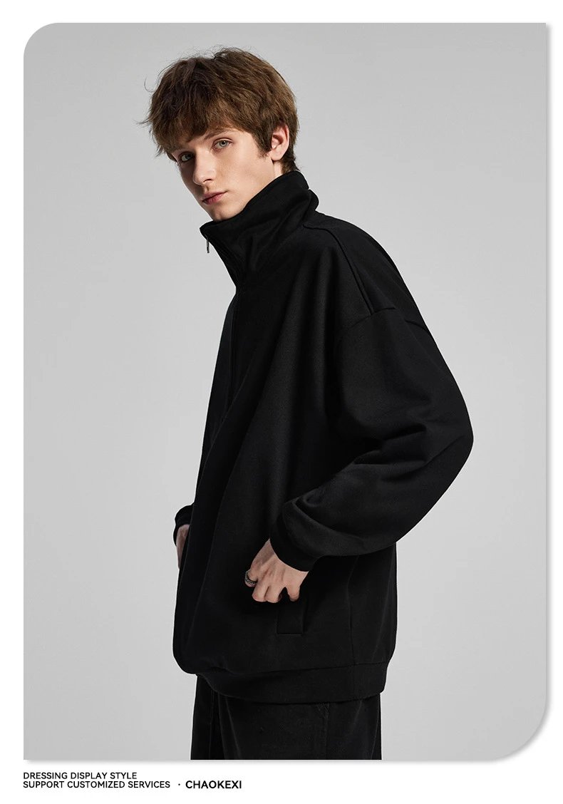 Men Retro Half Zip Pullover Sweatshirt Winter Jet Black - Gallery Image 8 - Detailed View