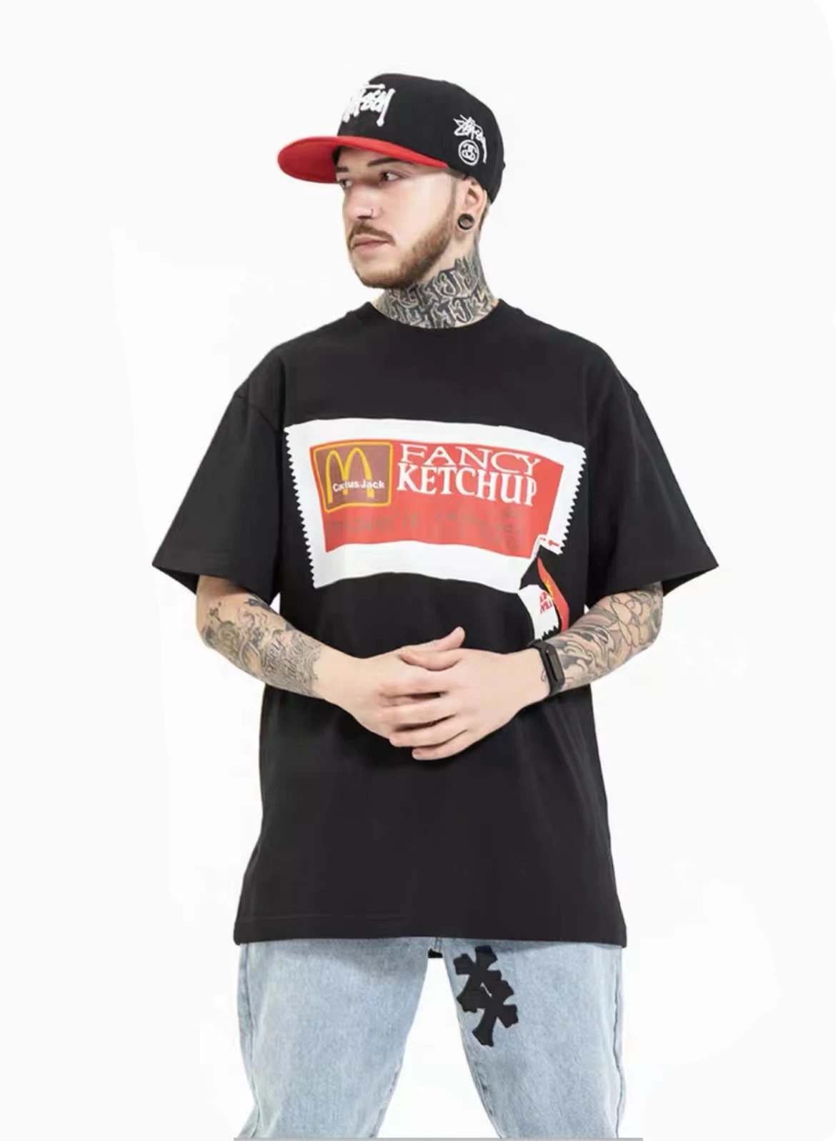 Street Style Ketchup Print Cotton T-Shirt Ebony Black - Gallery Image 13 - Detailed View