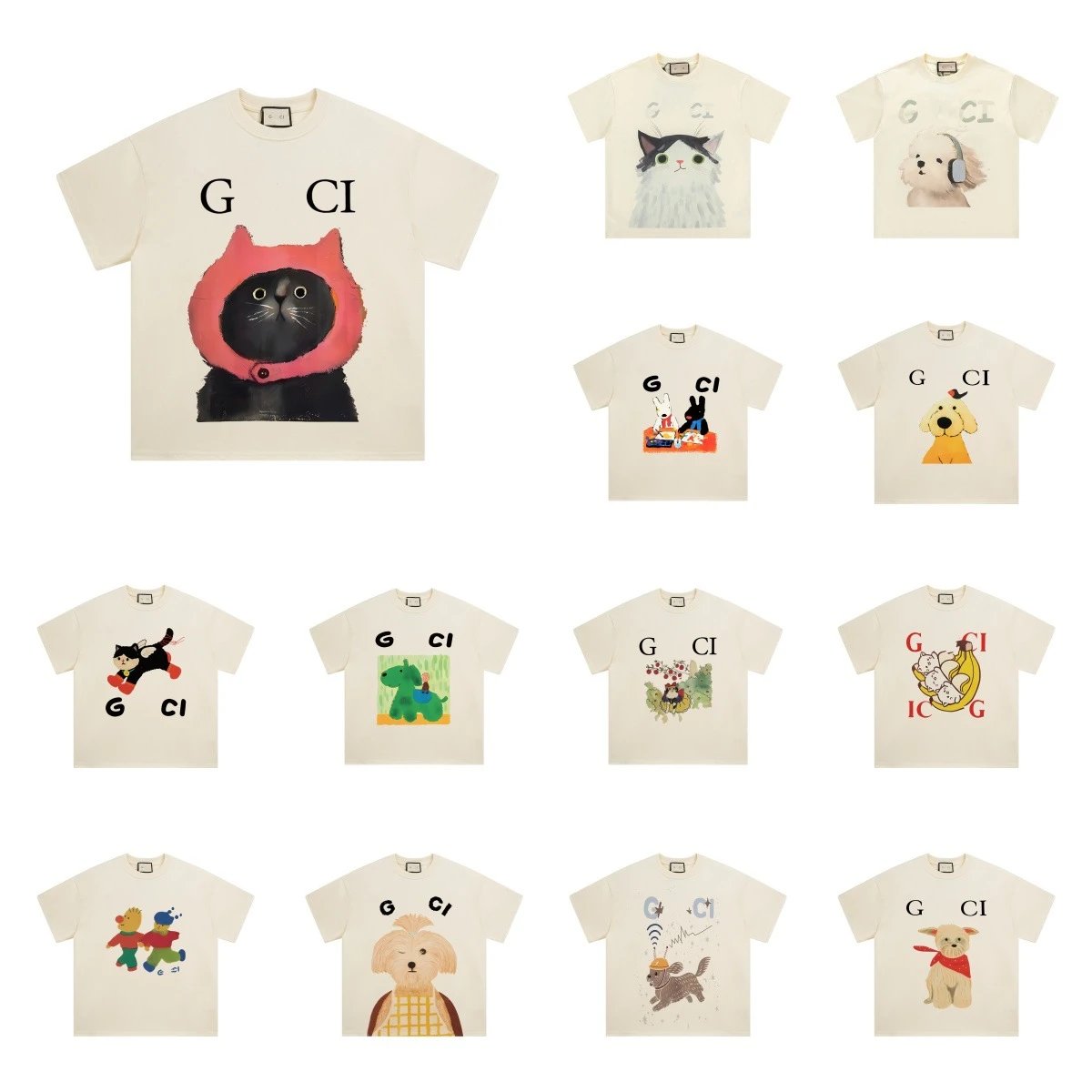 Funny Animal Print Cotton Tee Unisex Ivory - Gallery Image 1 - Detailed View