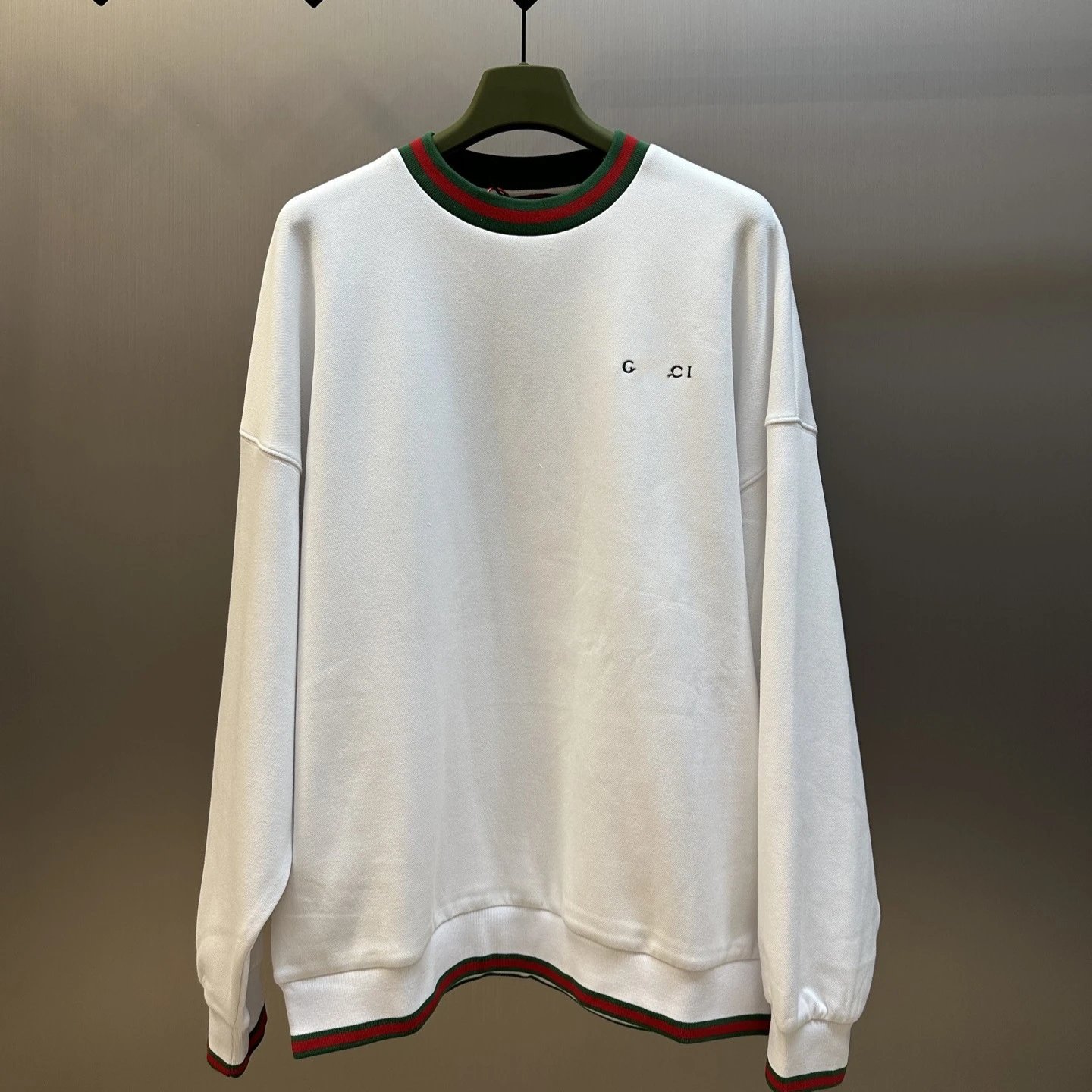 Men's Cotton Blend Embroidered Crewneck Sweatshirt - Off White - Gallery Image 1 - Detailed View