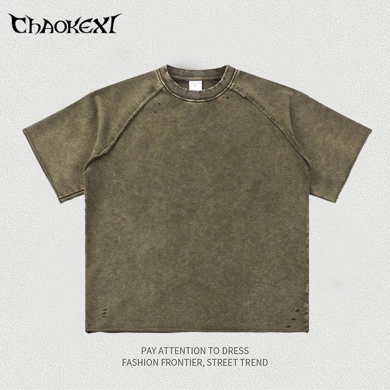 Vintage Cotton Distressed Tee Men's Top Military Green - CHAOKEXI - Cnfans - $23.23