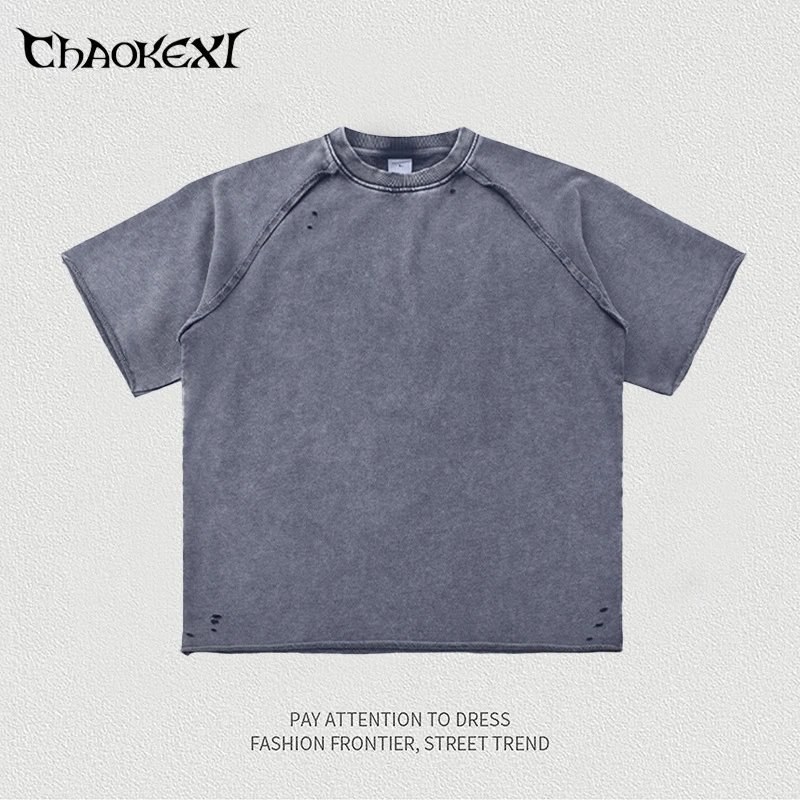 Retro Cotton Distressed Tee, Summer Top - Slate - CHAOKEXI - Cnfans - $23.23