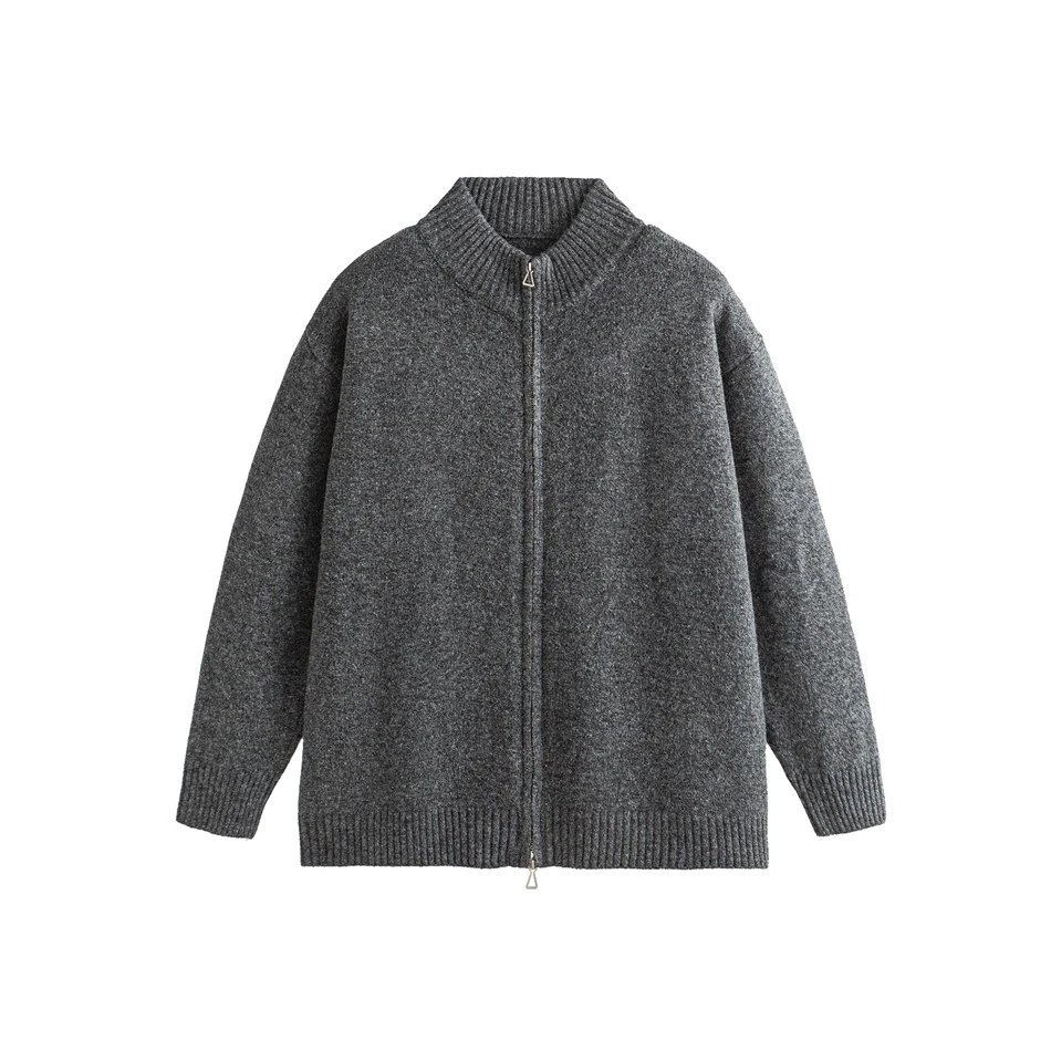 Unisex Casual Full-Zip Knit Cardigan Sweater Autumn Winter Charcoal - High Quality Product Image - Cnfans