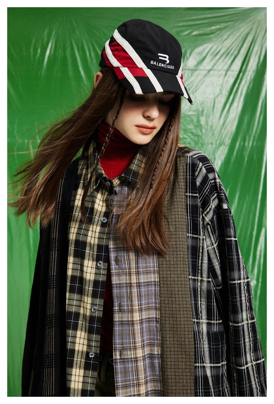 Unisex Oversized Patchwork Plaid Shirt, Earth Tone Plaid - Gallery Image 3 - Detailed View