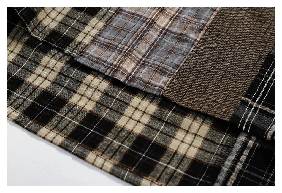 Unisex Oversized Patchwork Plaid Shirt, Earth Tone Plaid - Gallery Image 10 - Detailed View