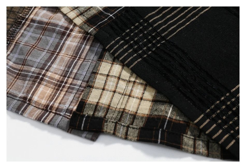 Unisex Oversized Patchwork Plaid Shirt, Earth Tone Plaid - Gallery Image 12 - Detailed View