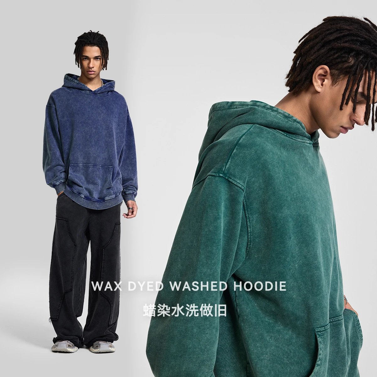 Men Heavyweight 420G Wax Dyed Washed Hoodie Light Gray - Gallery Image 2 - Detailed View