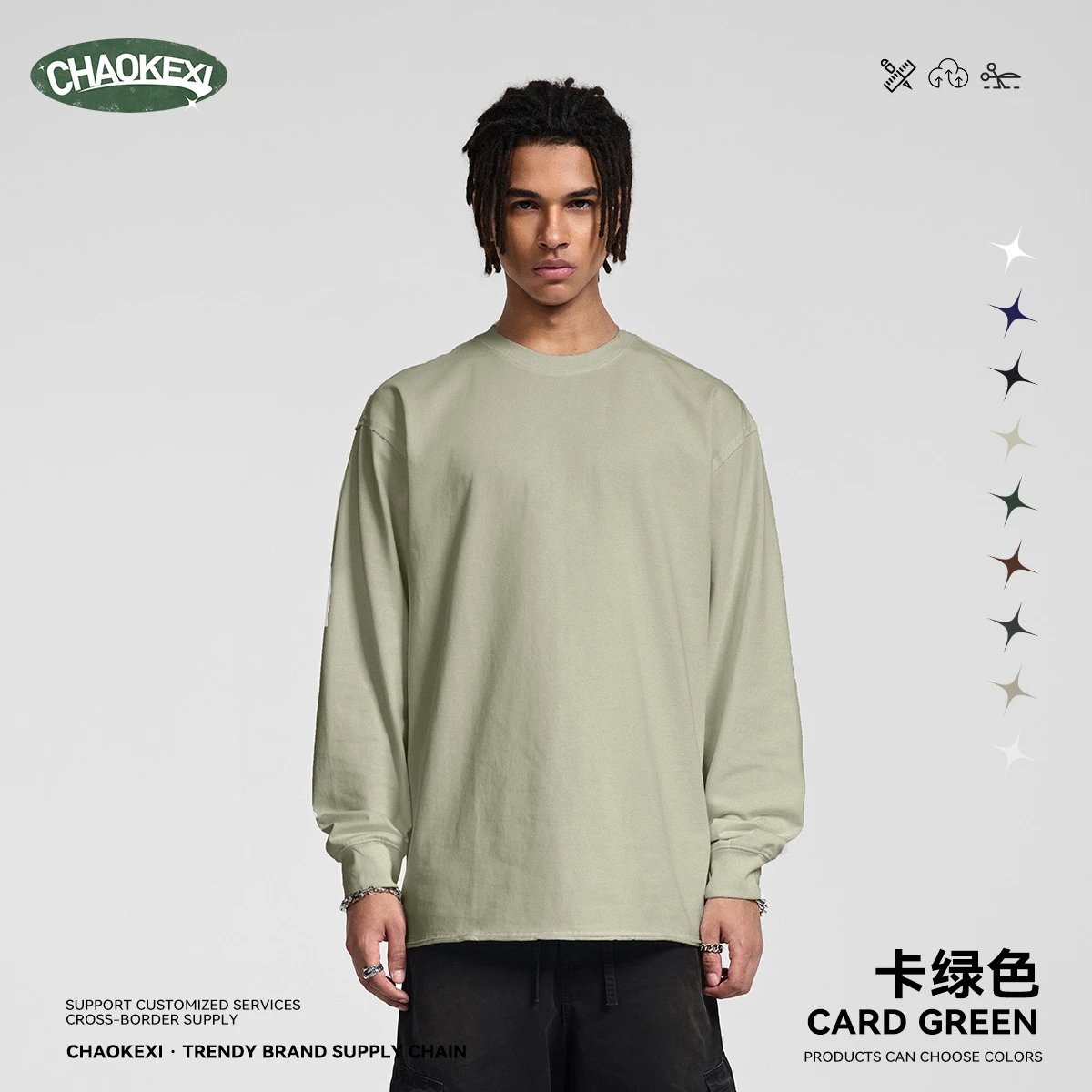 Men's Cotton Long Sleeve Basic Tee Card Green - ChaoKeXi - Cnfans - $21.85