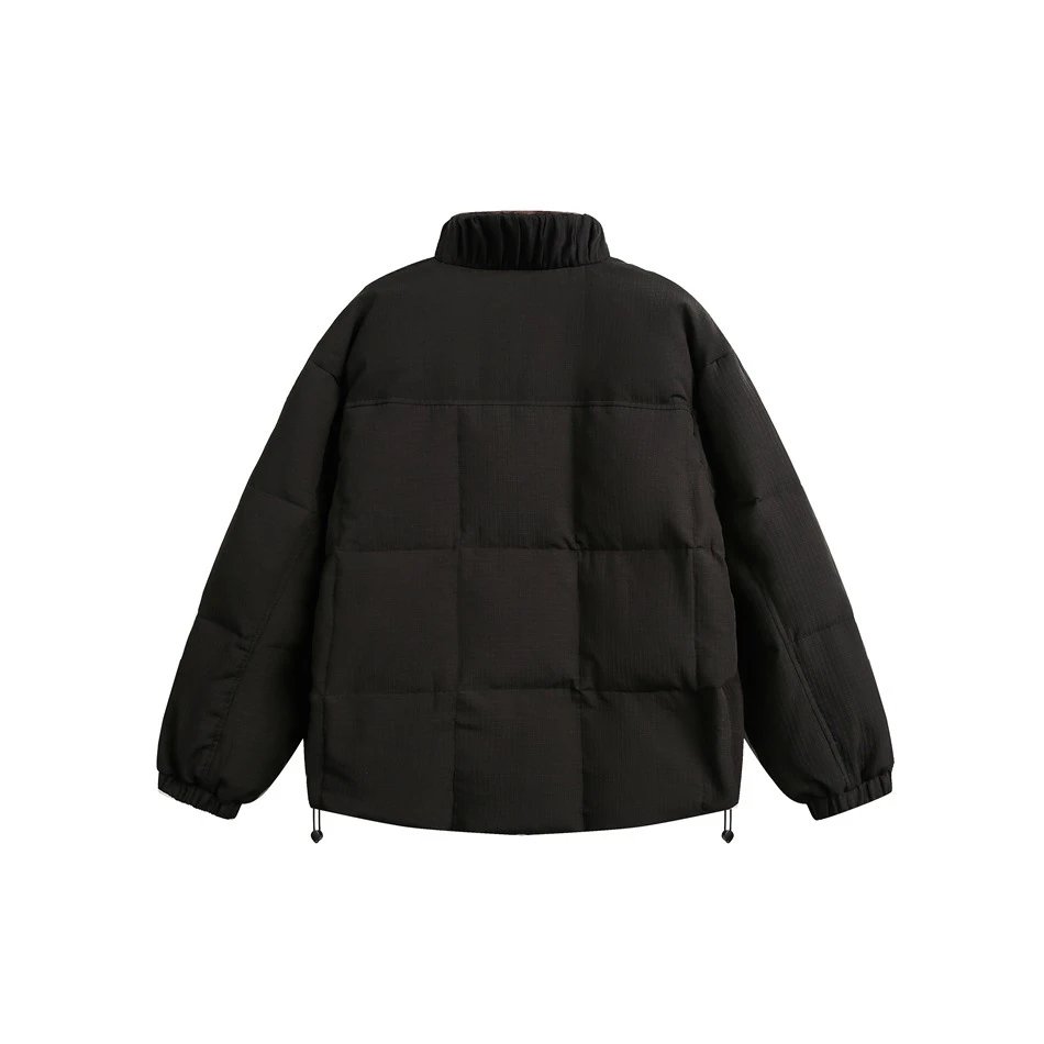 Retro Loose Unisex Down Puffer Jacket, Stand Collar, Olive Green - Gallery Image 12 - Detailed View