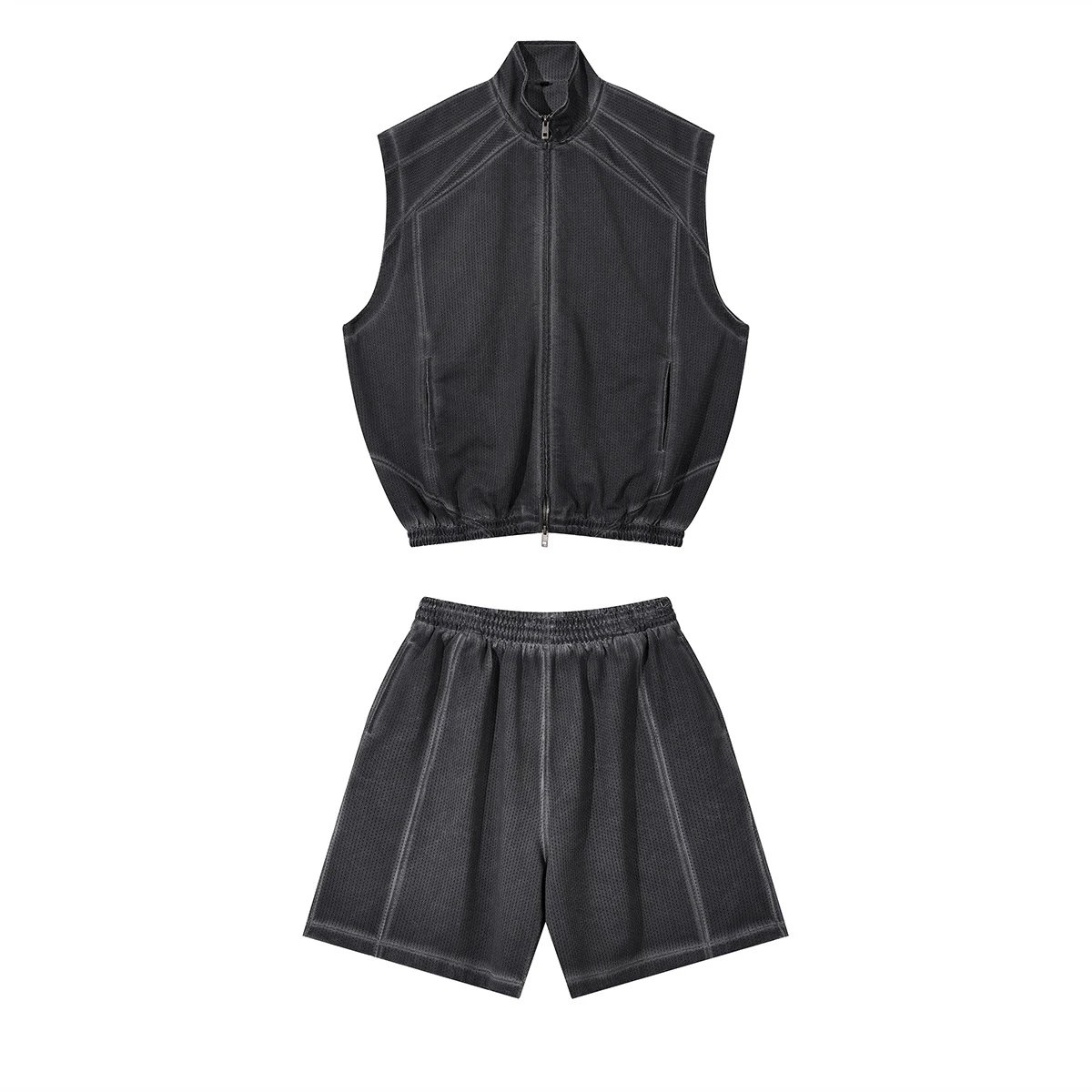 Men's Retro Mesh Vest Shorts Set Summer Faded Black - ChaoKeXi - Cnfans - $57.34