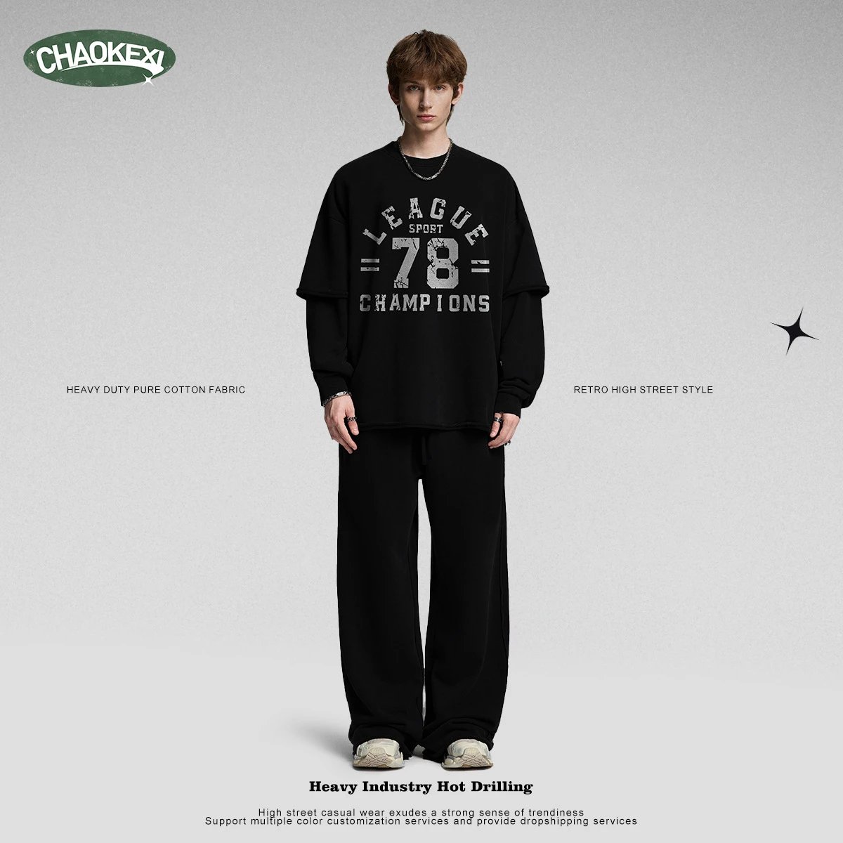Retro Cotton Pullover Sweatshirt Unisex Onyx - Gallery Image 2 - Detailed View