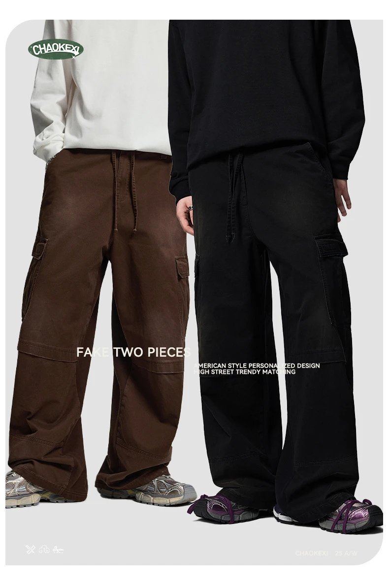 Vintage Cargo Pants Mens Autumn Wide Leg Coffee Brown - Gallery Image 11 - Detailed View