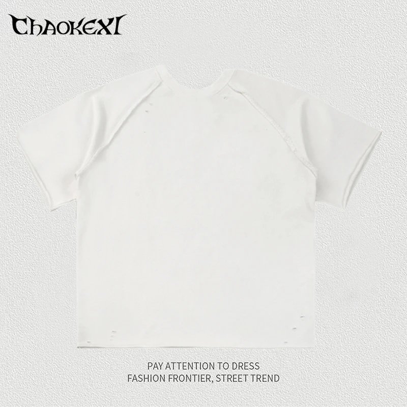 Retro Cotton Distressed Tee, Spring Summer - Ecru - CHAOKEXI - Cnfans - $23.23