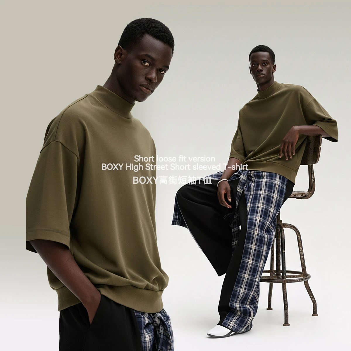 Men's Cotton Boxy Tee Retro Style Top Slate Gray - Gallery Image 2 - Detailed View