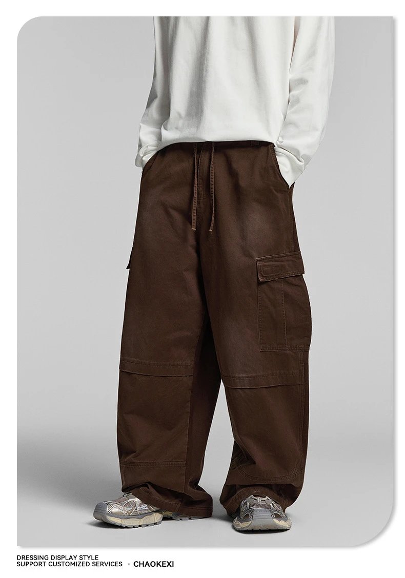 Vintage Cargo Pants Mens Autumn Wide Leg Coffee Brown - Gallery Image 9 - Detailed View