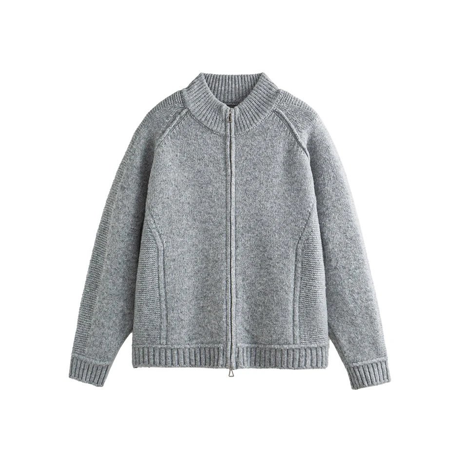 Fall Winter Unisex Full-Zip Retro Knit Sweater Cardigan Ash Grey - Gallery Image 2 - Detailed View