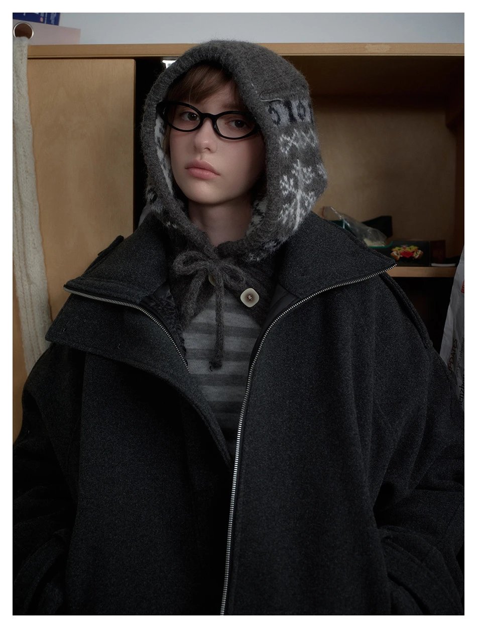 Winter Unisex Retro Wool Blend Padded Jacket Anthracite - Gallery Image 10 - Detailed View