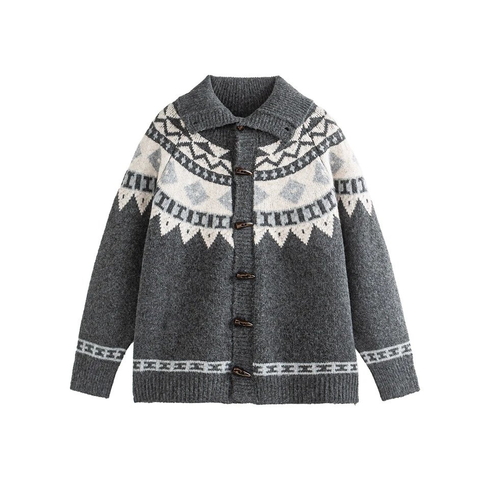 Retro Unisex Winter Fair Isle Knit Cardigan Deep Navy - Gallery Image 2 - Detailed View