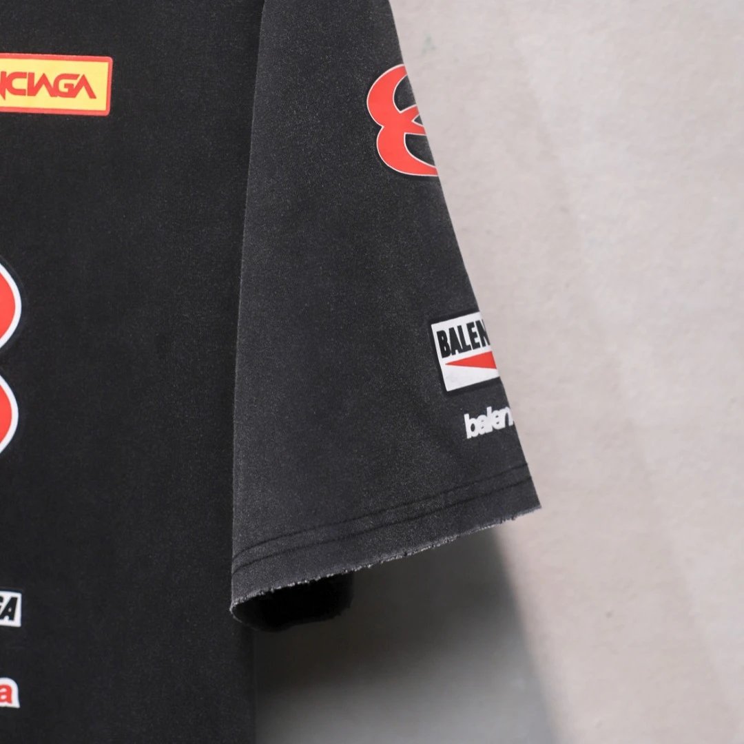 Unisex Oversized Distressed Moto Graphic Tee, Washed Black - Gallery Image 4 - Detailed View