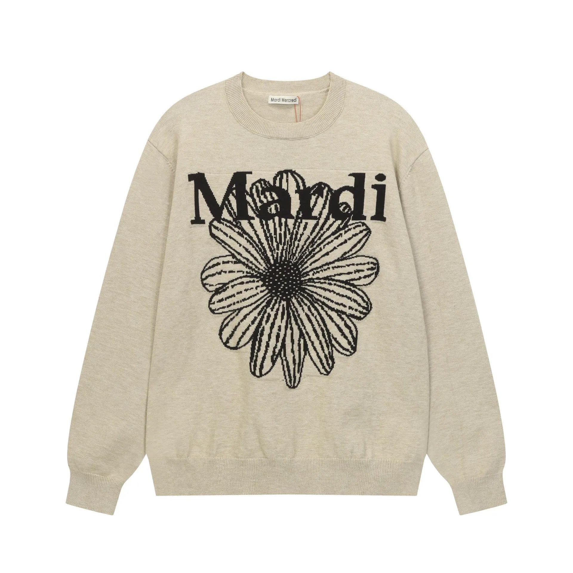 Women's Floral Knit Round Neck Pullover, Greige - High Quality Product Image - Cnfans