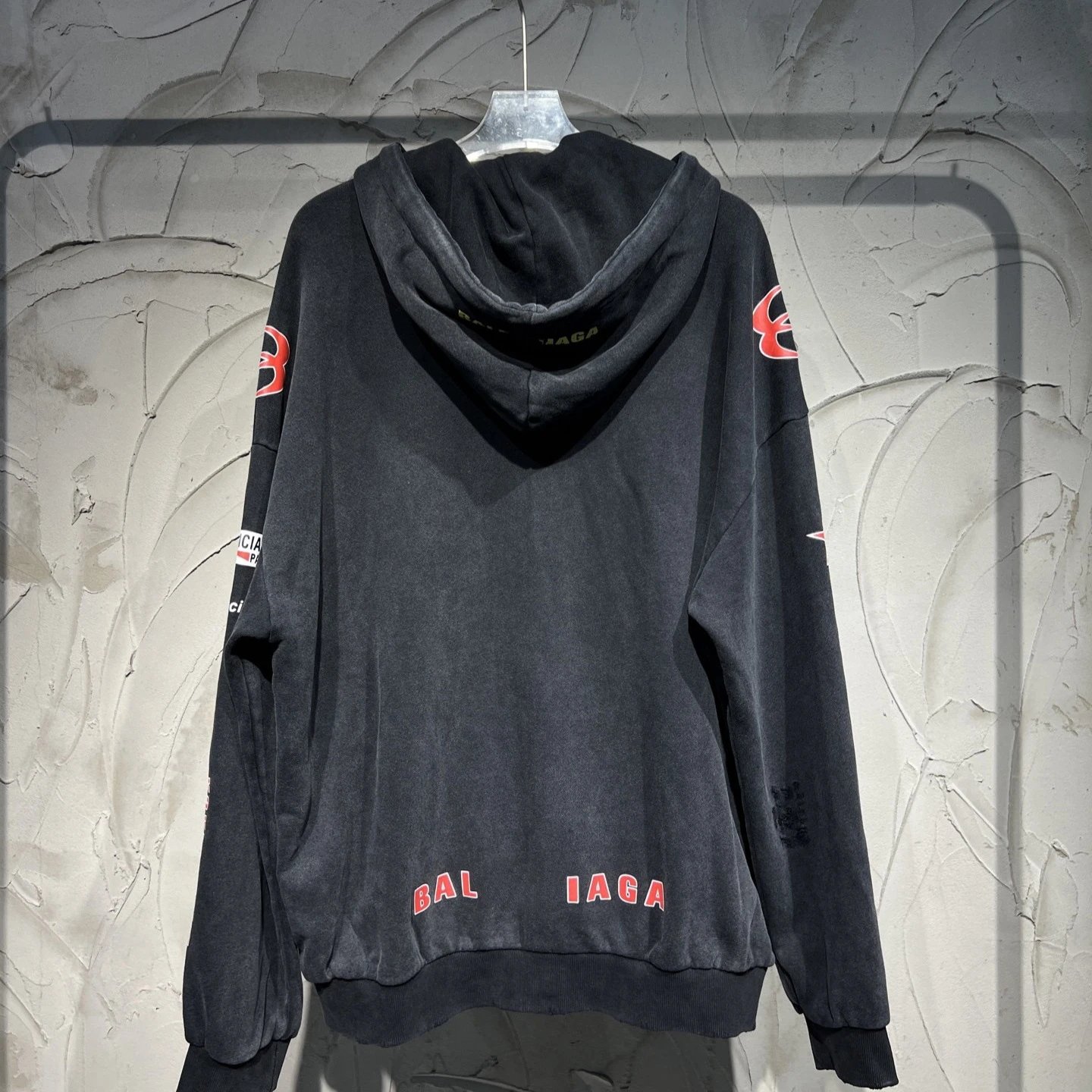 Unisex Oversized Distressed Graphic Zip Hoodie, Washed Black - Gallery Image 2 - Detailed View