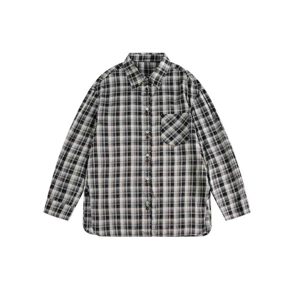 Unisex Retro Plaid Long Sleeve Button Shirt Fall Monochrome - Staffpick - Cnfans - $33.03