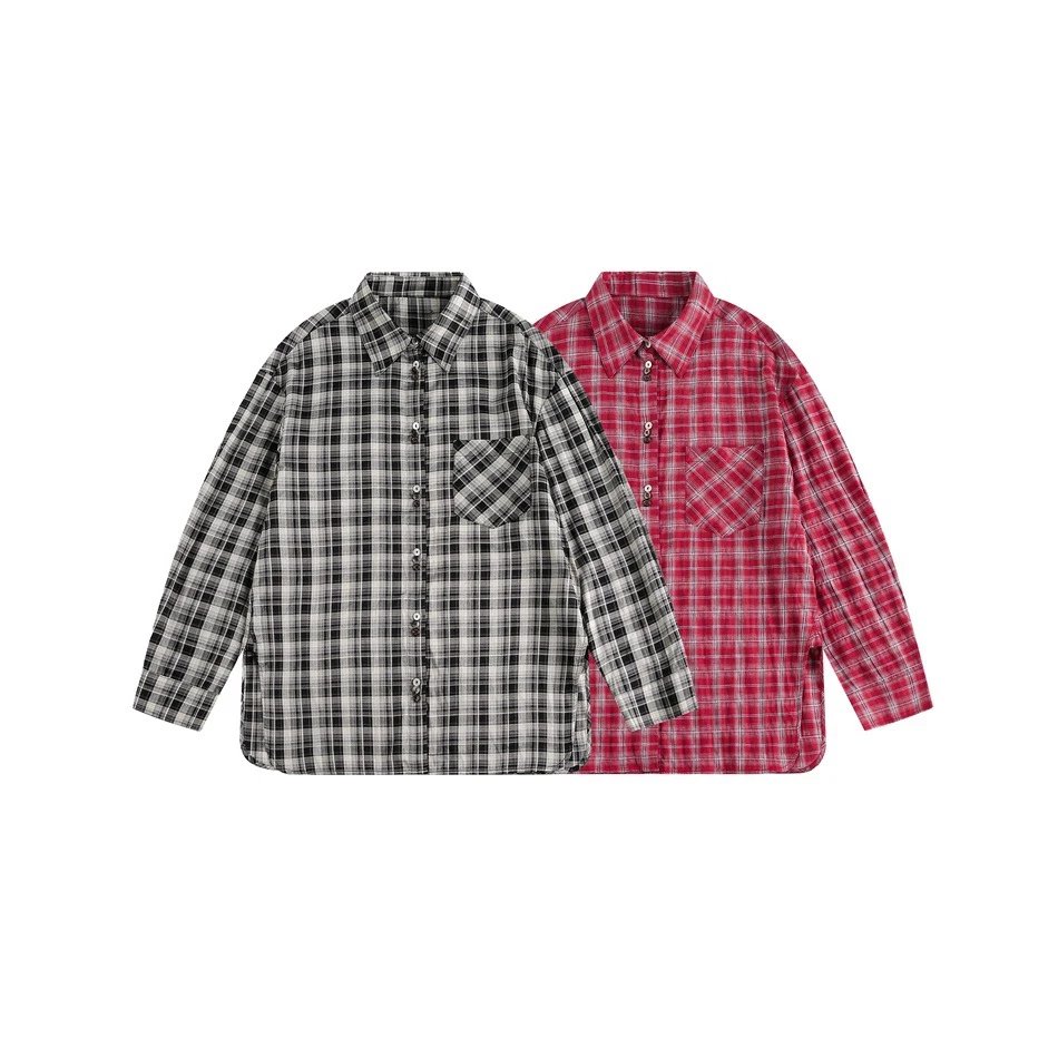 Unisex Retro Plaid Long Sleeve Button Shirt Fall Monochrome - Gallery Image 8 - Detailed View