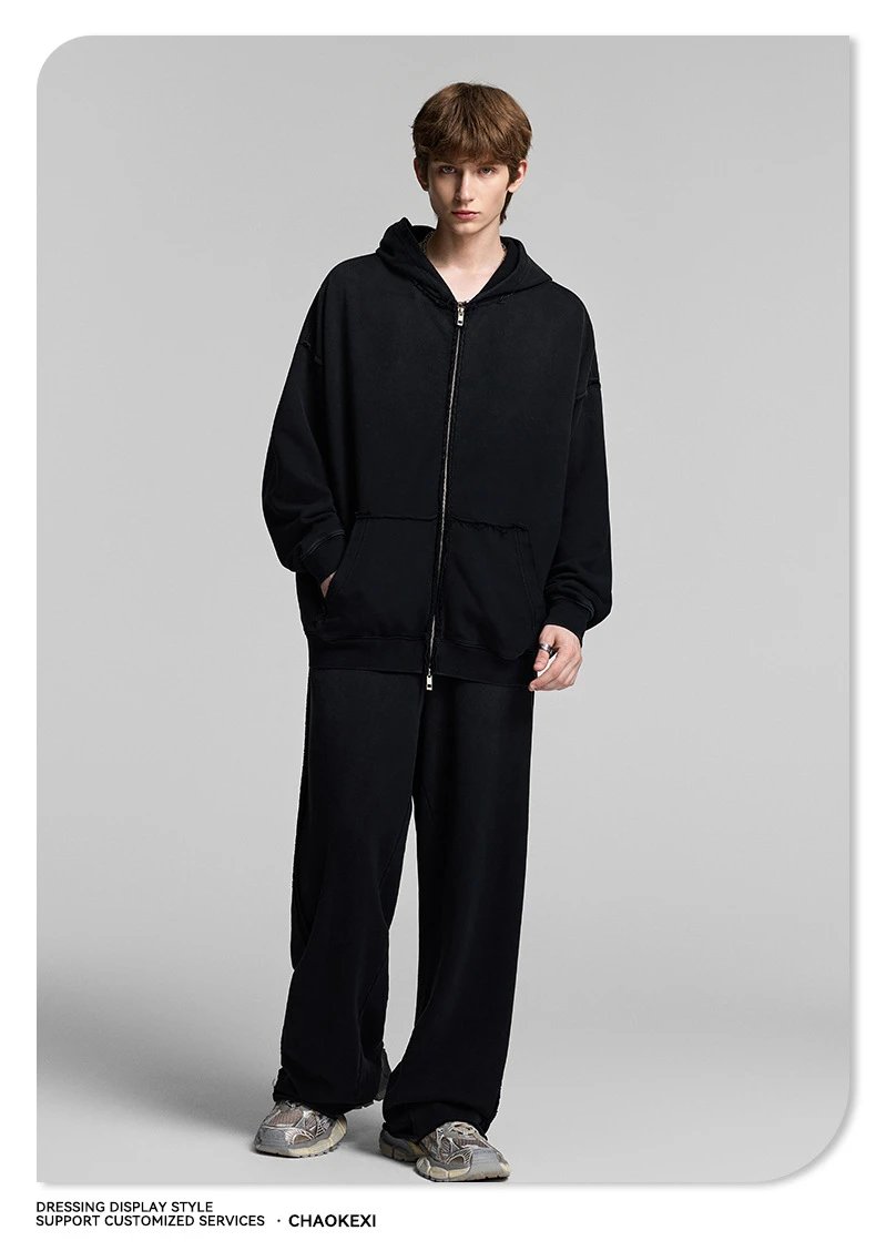 Casual Ripped Zip Hoodie Set Autumn Winter, Slate - Gallery Image 6 - Detailed View