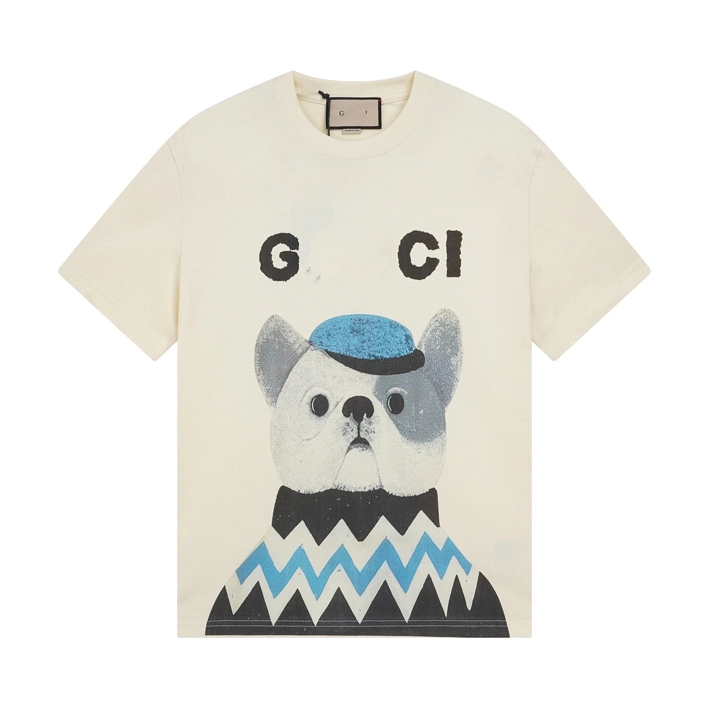 Graphic Cotton Tee, Casual Dog Print Top, Ecru - Gucci - Cnfans - $23.55