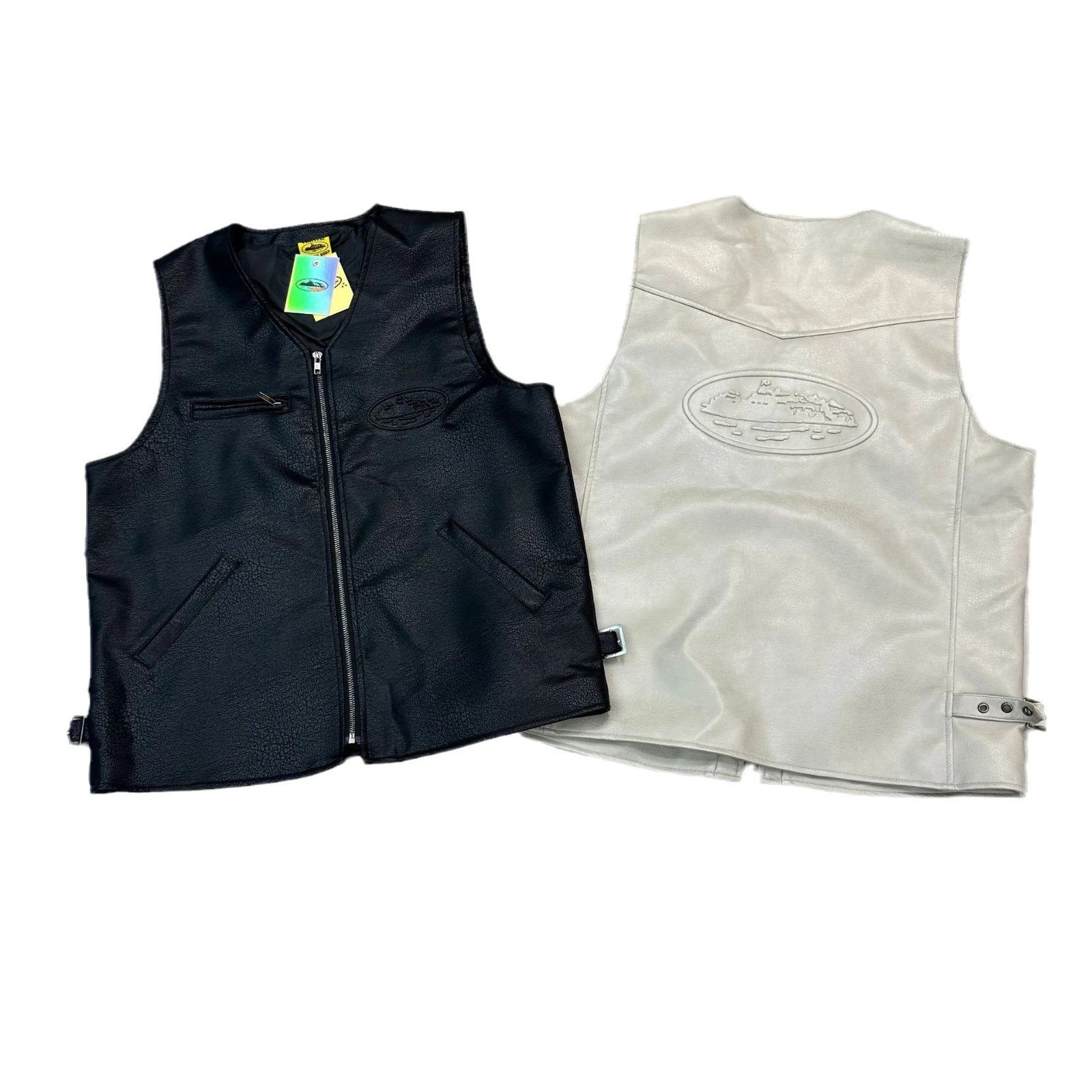 Street PU Biker Vest Ebony Ivory - Gallery Image 1 - Detailed View