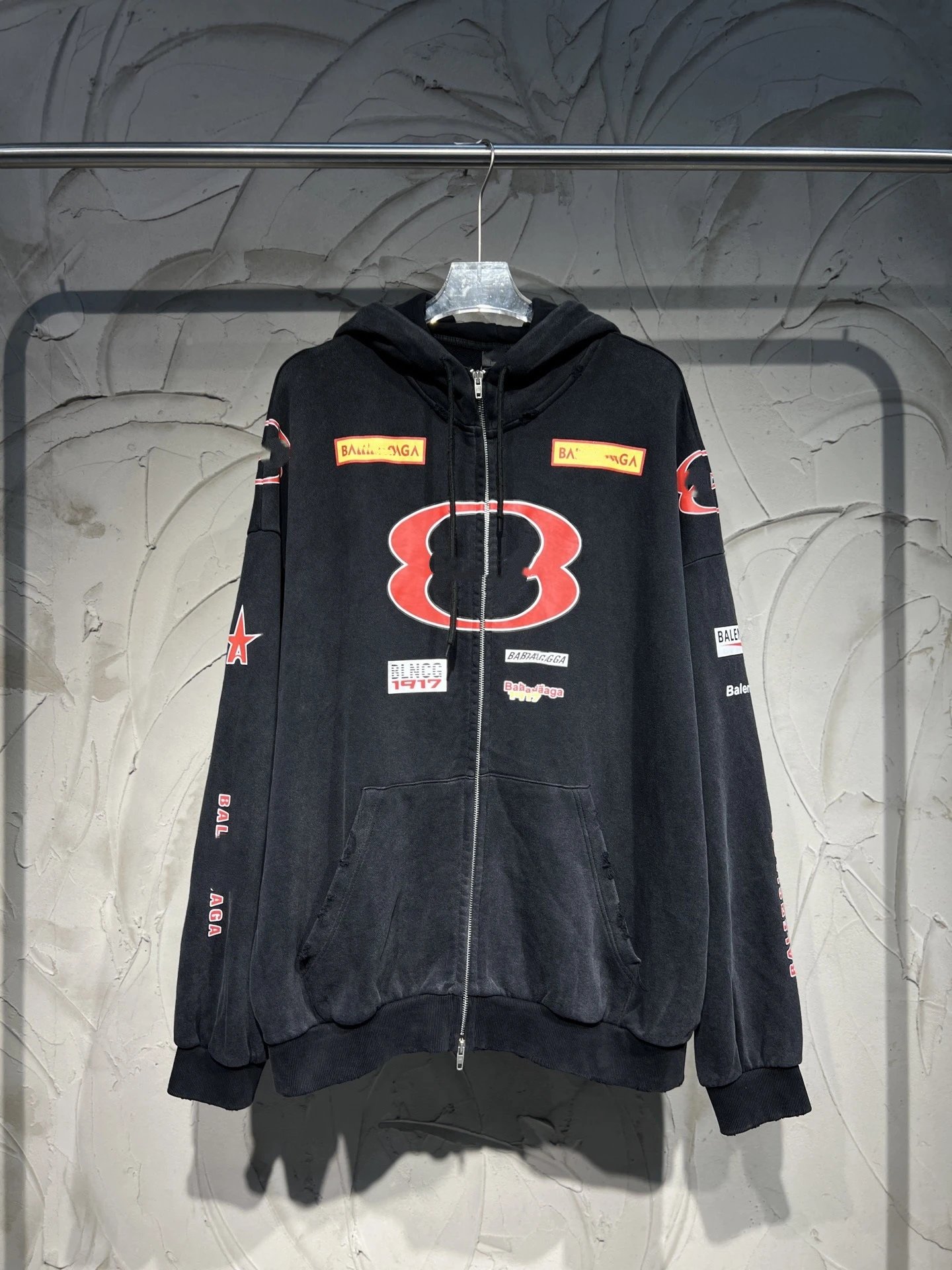 Unisex Oversized Distressed Graphic Zip Hoodie, Washed Black - High Quality Product Image - Cnfans