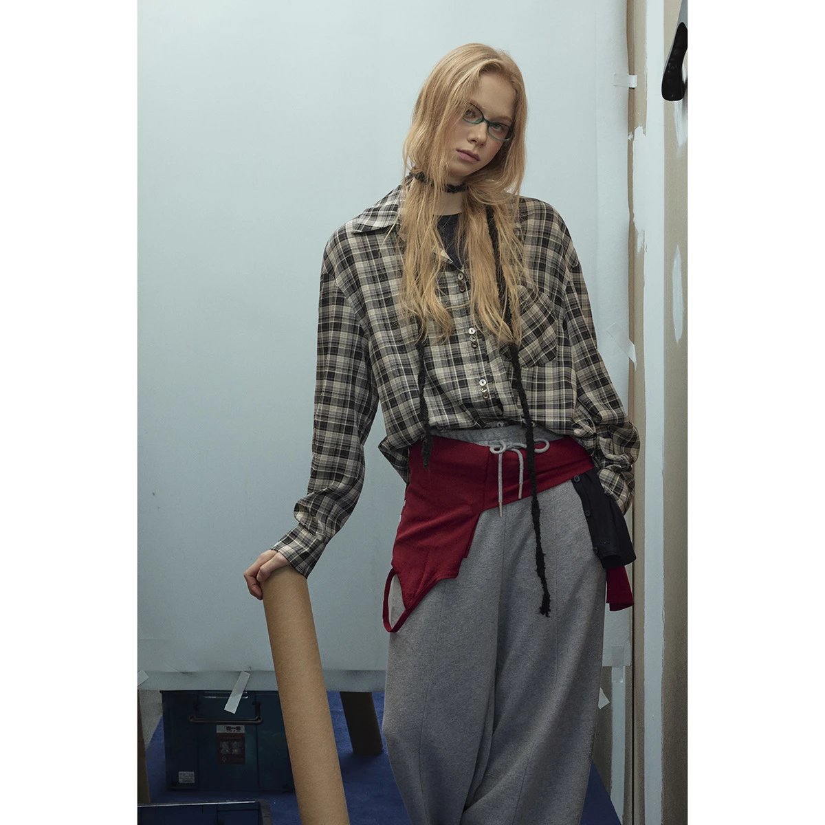 Unisex Retro Plaid Long Sleeve Button Shirt Fall Monochrome - Gallery Image 6 - Detailed View