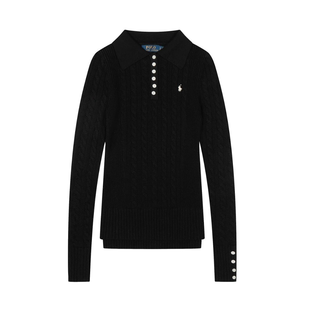 Cable-Knit Cotton Polo Sweater, Jet Black - Ralph Lauren - Cnfans - $42.58