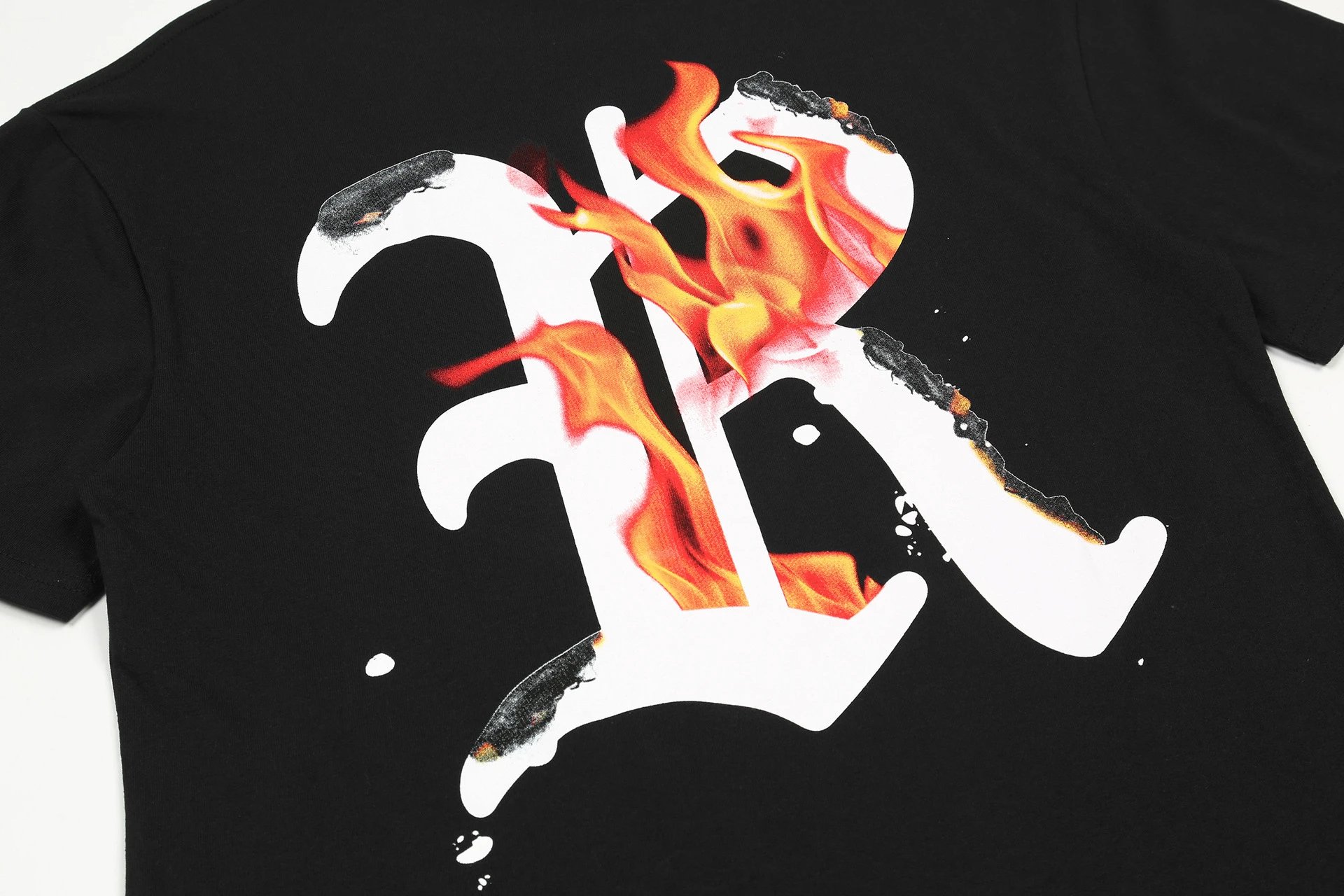 Streetwear Flame Letter Burning Tee Black - Gallery Image 6 - Detailed View