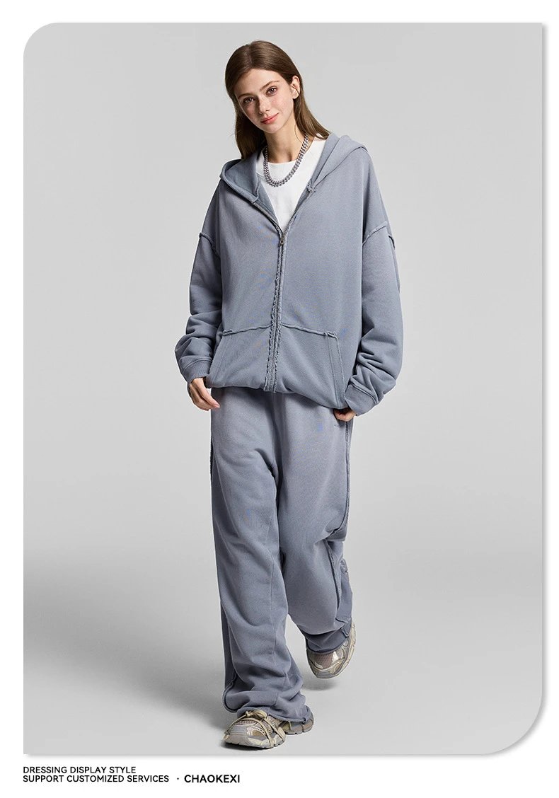 Casual Ripped Zip Hoodie Set Autumn Winter, Slate - Gallery Image 5 - Detailed View