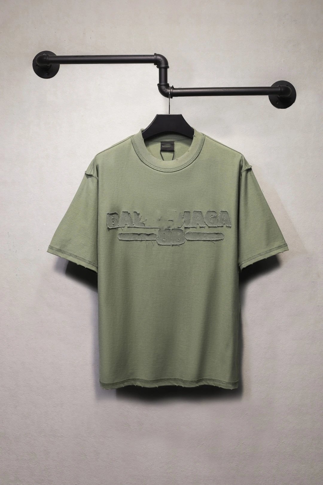 Unisex Oversized Embroidered Raw Hem T-Shirt Sage Green - Balenciaga - Cnfans - $31.61