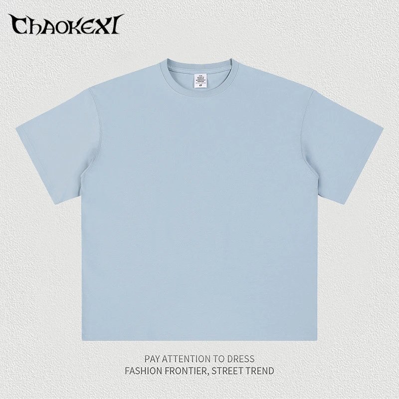 Men's Street Style Cotton Tee, Relaxed Fit, Sky Blue - CHAOKEXI - Cnfans - $17.58