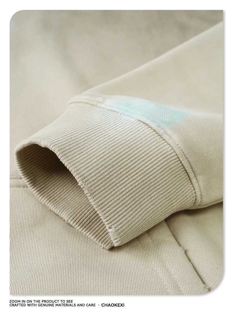 Men Heavyweight Washed Streetwear Hoodie 380g Soft Apricot - Gallery Image 10 - Detailed View