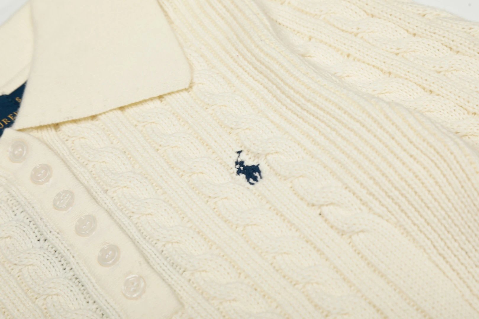 Cable Knit Polo Sweater Classic Navy - Gallery Image 11 - Detailed View