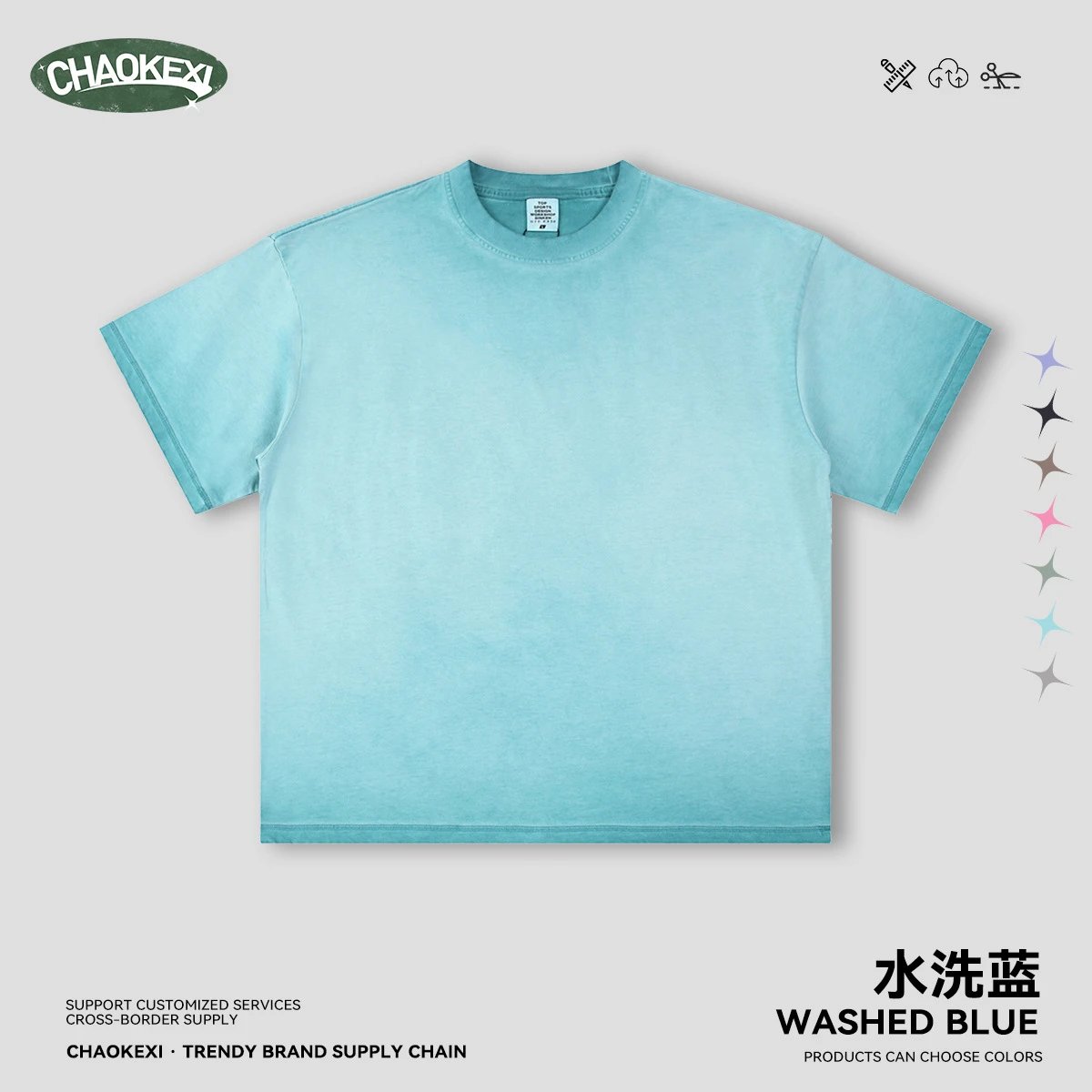 Vintage Cotton T-Shirt Unisex Tee Washed Blue - CHAOKEXI - Cnfans - $17.74