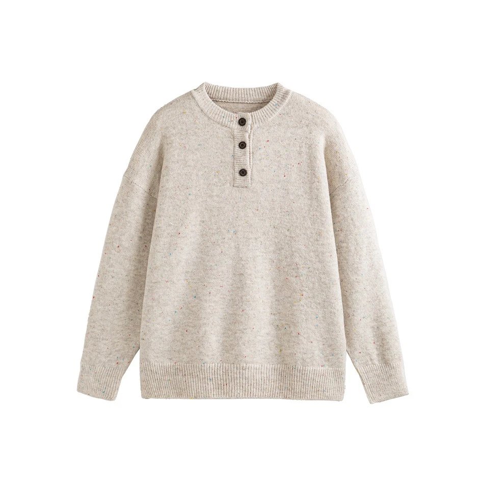 Men's Casual Henley Flecked Knit Sweater Fall Winter Ecru - High Quality Product Image - Cnfans