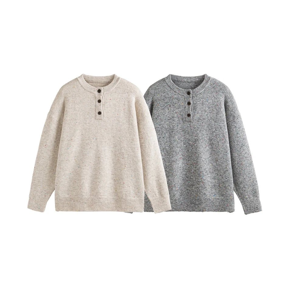 Men's Casual Henley Flecked Knit Sweater Fall Winter Ecru - Gallery Image 1 - Detailed View