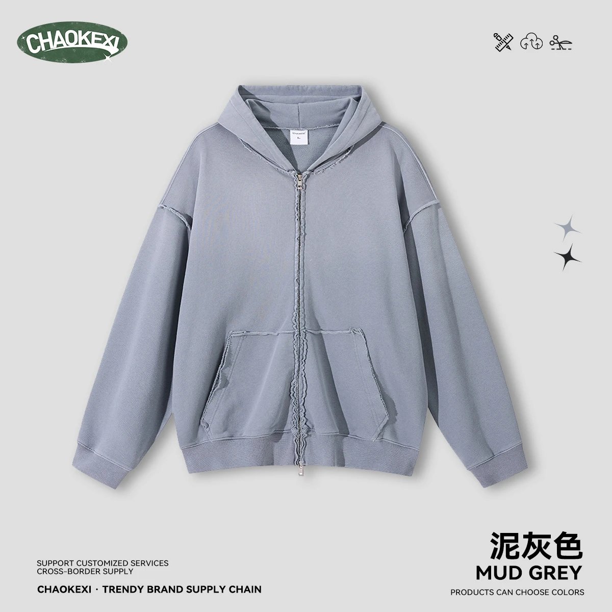Casual Ripped Zip Hoodie Set Autumn Winter, Slate - High Quality Product Image - Cnfans