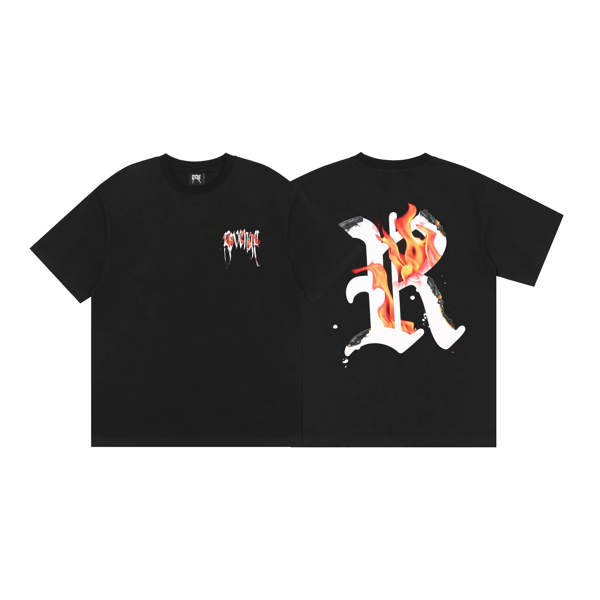 Streetwear Flame Letter Burning Tee Black - Gallery Image 1 - Detailed View