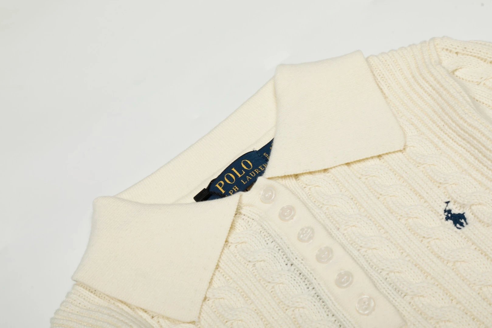 Cable Knit Polo Sweater Classic Navy - Gallery Image 10 - Detailed View