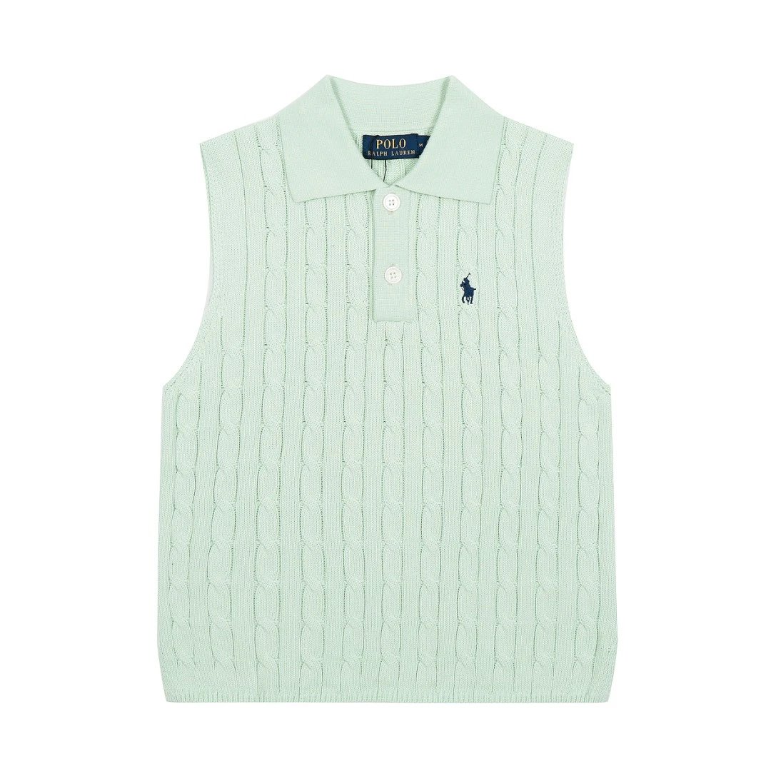 Cable Knit Polo Vest Sleeveless Top Seafoam - Ralph Lauren - Cnfans - $29.03
