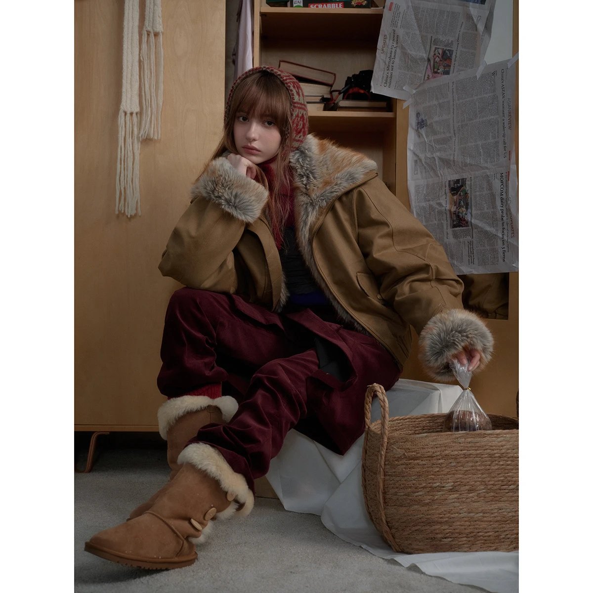 Women's Winter Oversized Faux Fur Bomber Jacket Camel - Gallery Image 3 - Detailed View