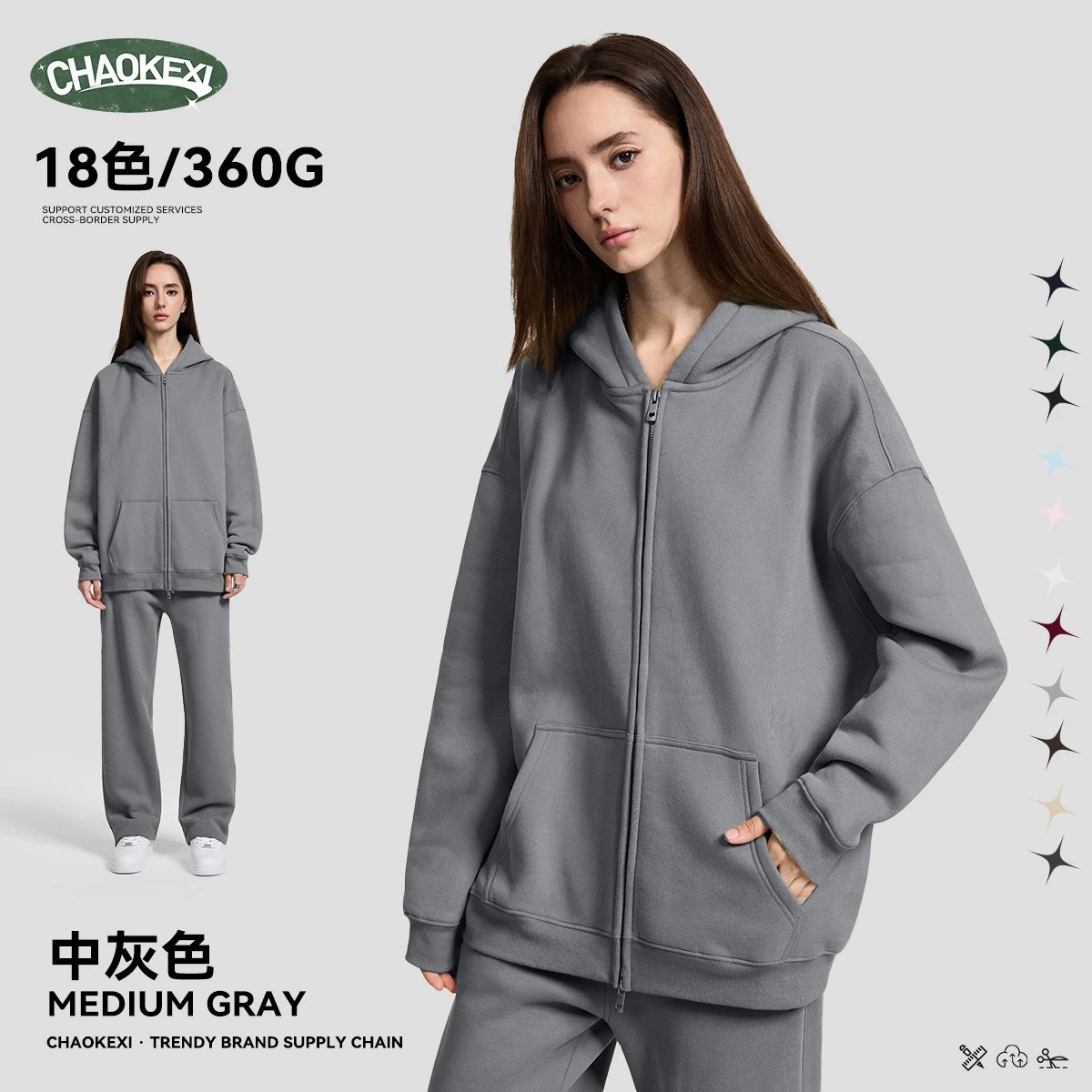 Men Zip-Up Fleece Hoodie Fall Winter Graphite Gray - CHAOKEXI（潮可喜） - Cnfans - $29.27