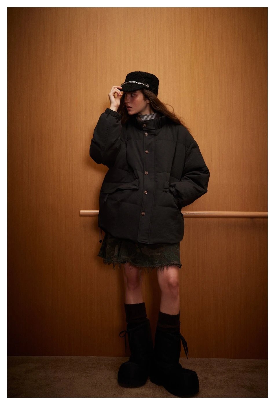 Retro Loose Unisex Down Puffer Jacket, Stand Collar, Olive Green - Gallery Image 5 - Detailed View