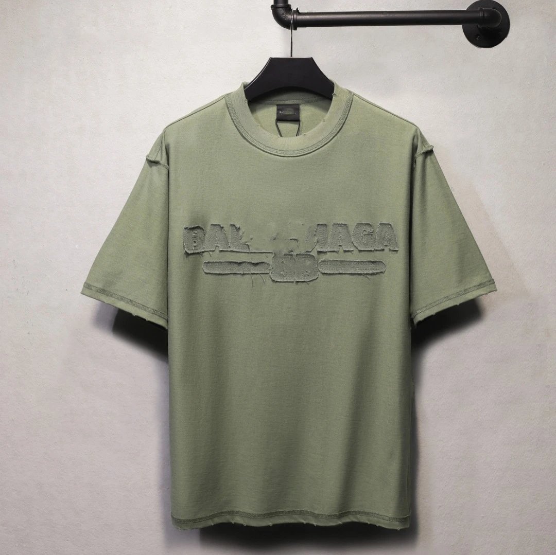 Unisex Oversized Embroidered Raw Hem T-Shirt Sage Green - Gallery Image 3 - Detailed View
